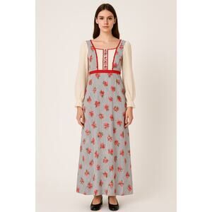 1970s California Prairie Dress Embroidered Floral Stripe Long Sheer Sleeve small